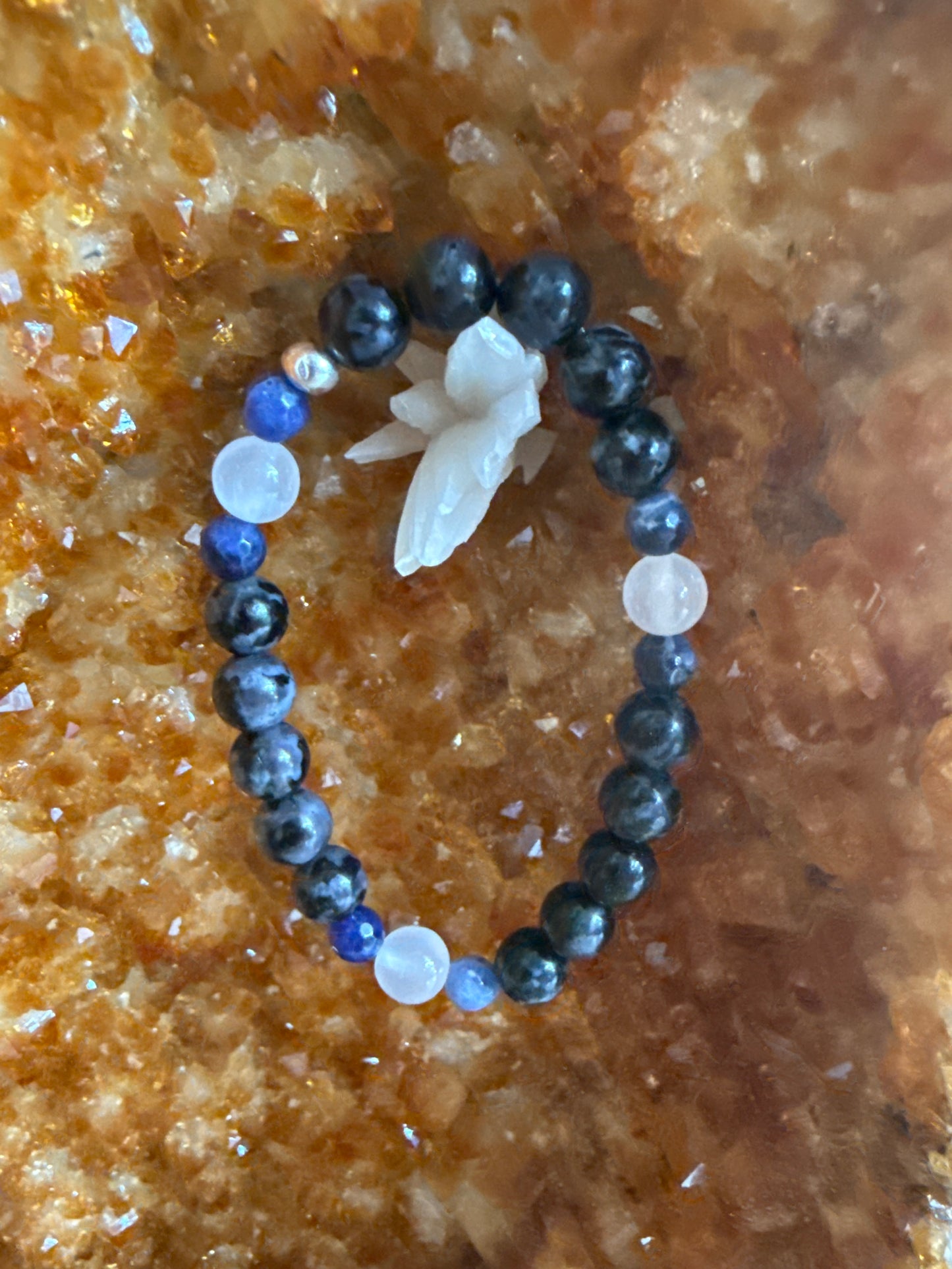 Shadowed Oracle – Indigo Gabbro, Sodalite & Selenite Bracelet 7”