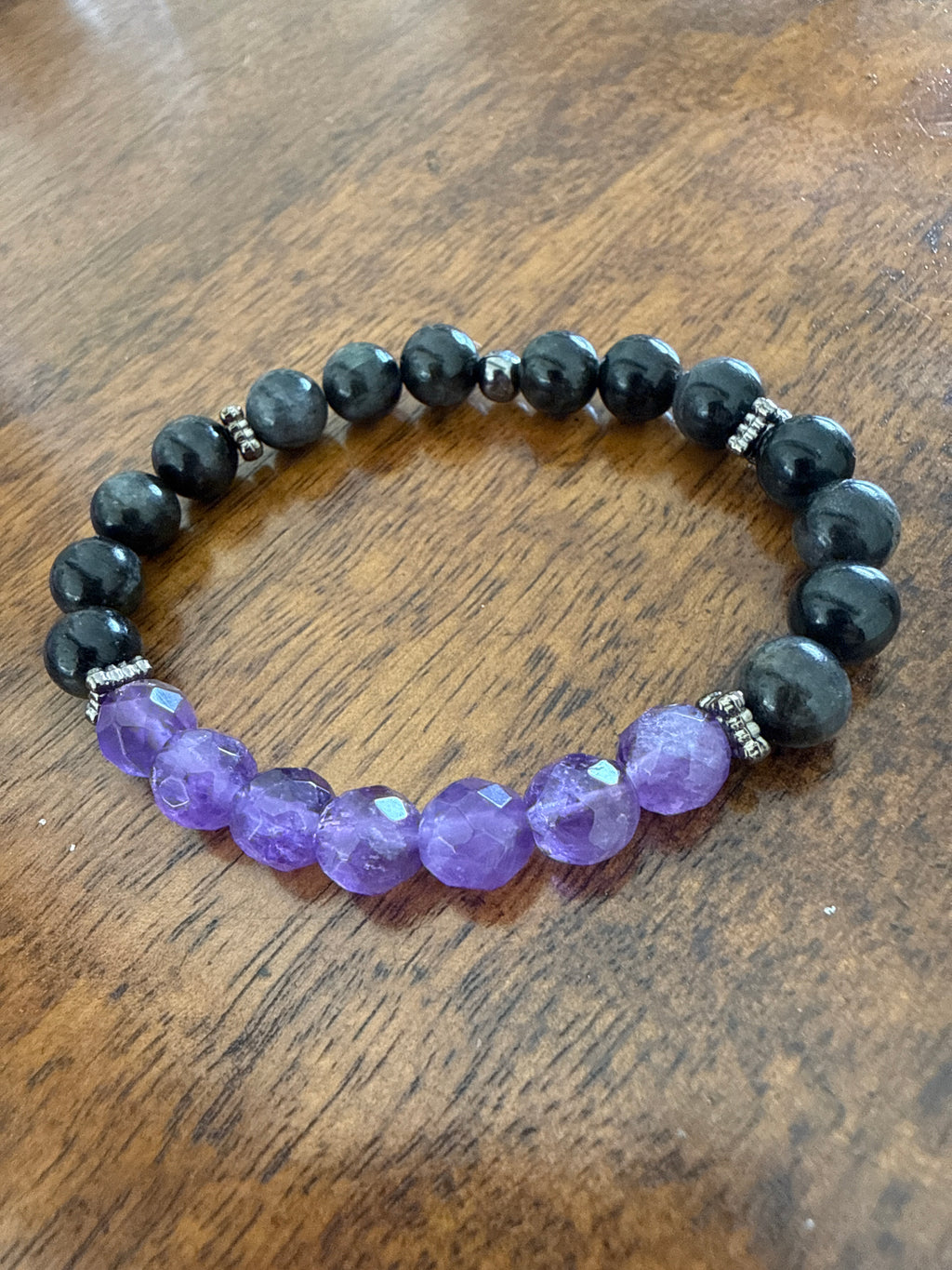 Clarity of Night – Larvikite & Amethyst Bracelet 6.5”