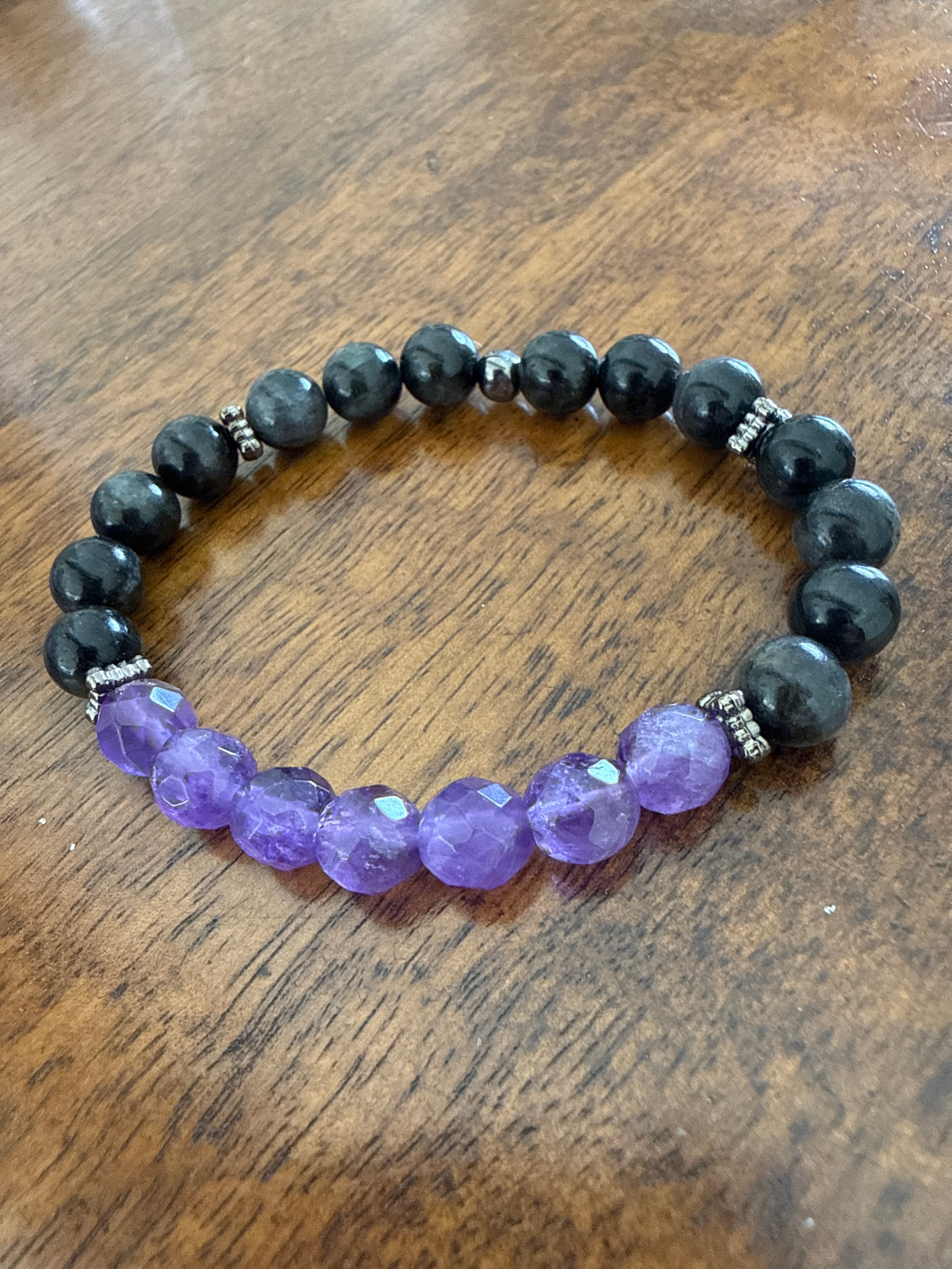 Clarity of Night – Larvikite & Amethyst Bracelet 6.5”