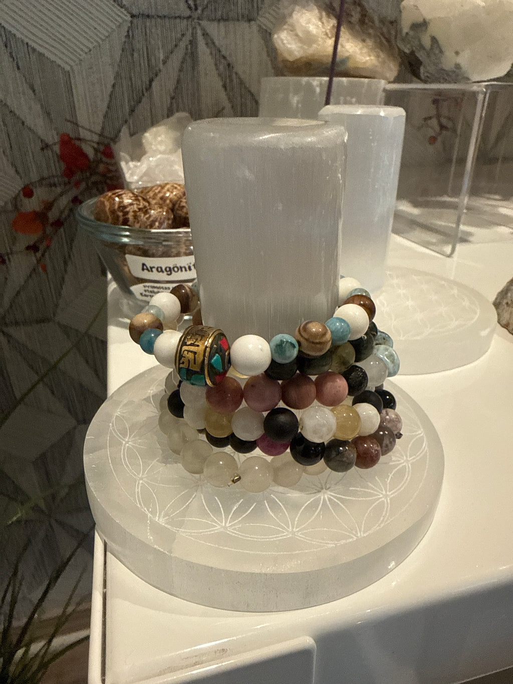 Selenite Round Flower Of Life Bracelet Charging  SET
