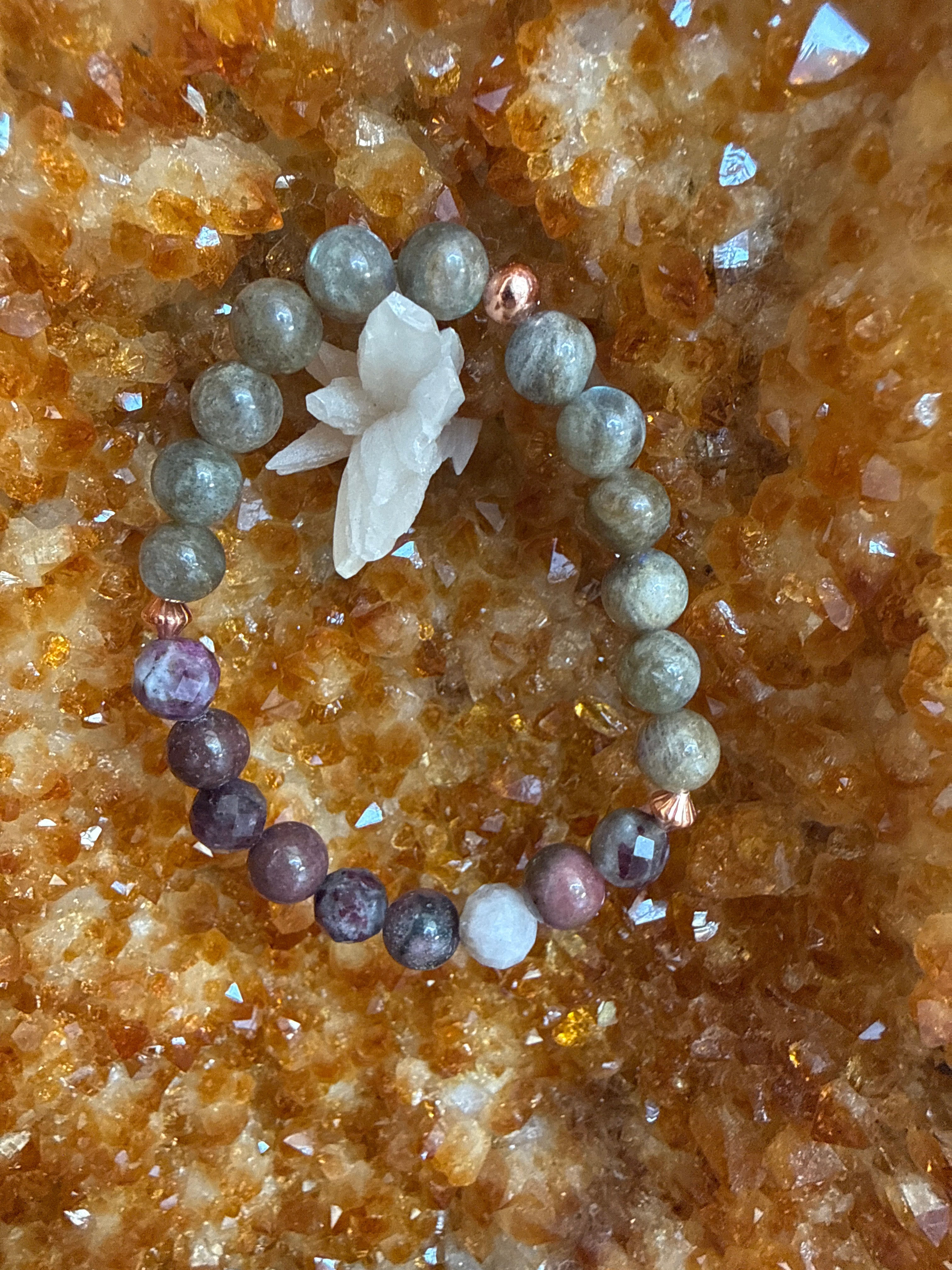 Heart Path Alchemy – Rhodonite, Eudialyte, Labradorite & Copper Bracelet 6.5 inch