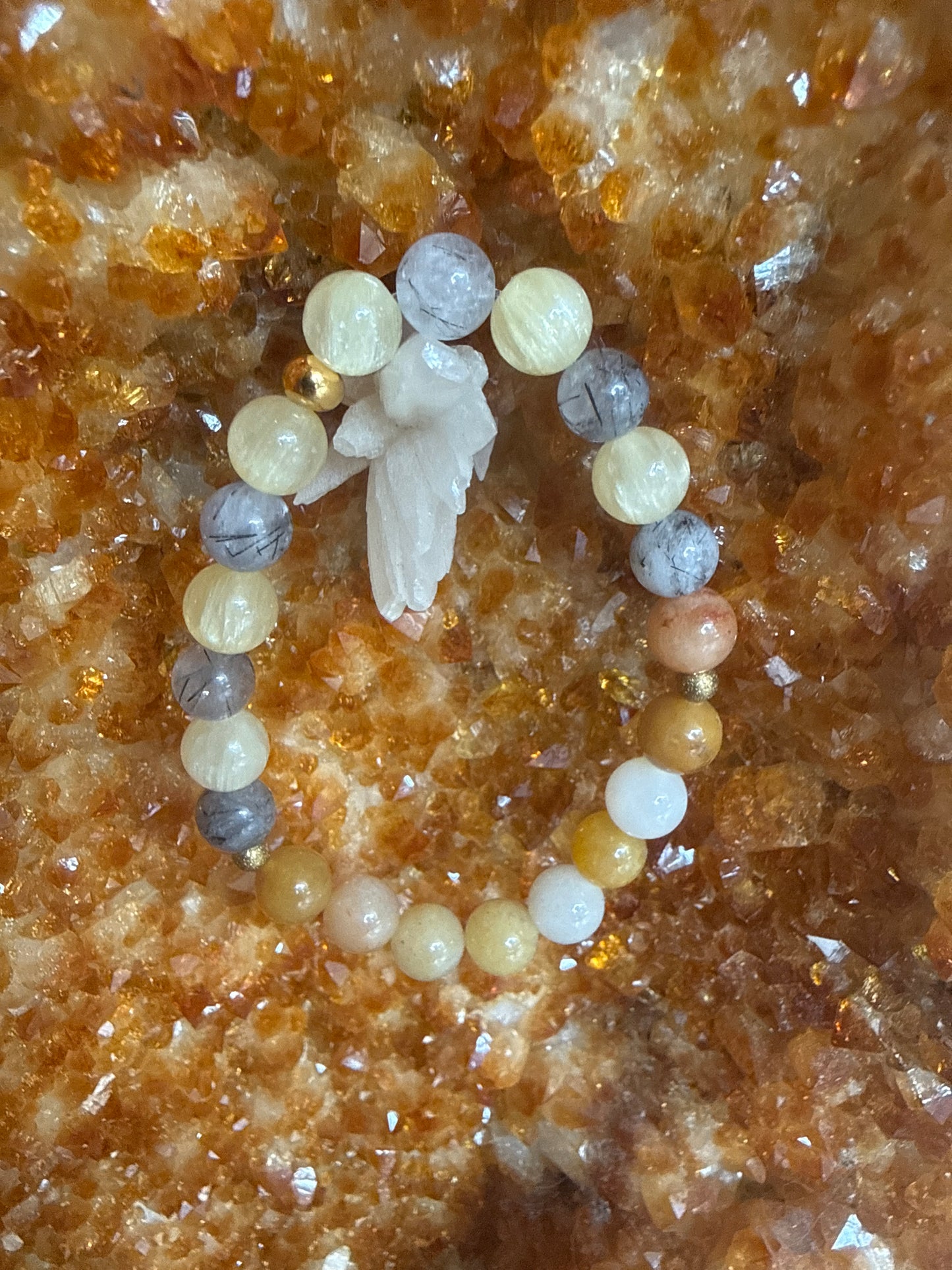 Golden Shield Clarity Bracelet – 7” Yellow Selenite, Yellow Aventurine & Black Tourmaline Rutile