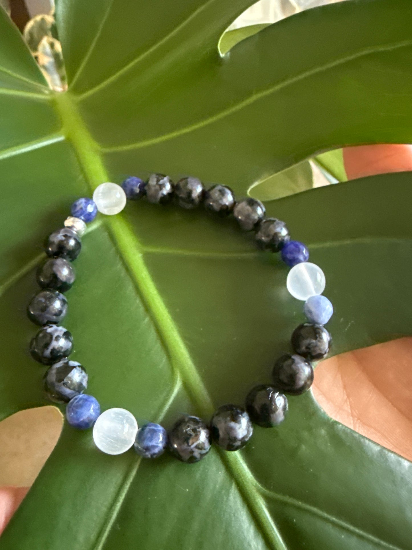 Shadowed Oracle – Indigo Gabbro, Sodalite & Selenite Bracelet 7”