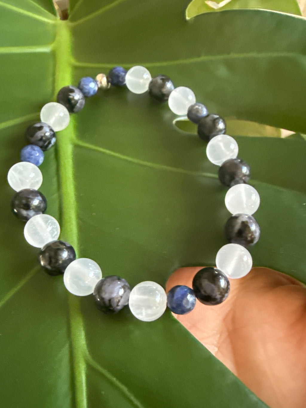 Shadowed Oracle – Indigo Gabbro, Sodalite & Selenite Bracelet 7.5”