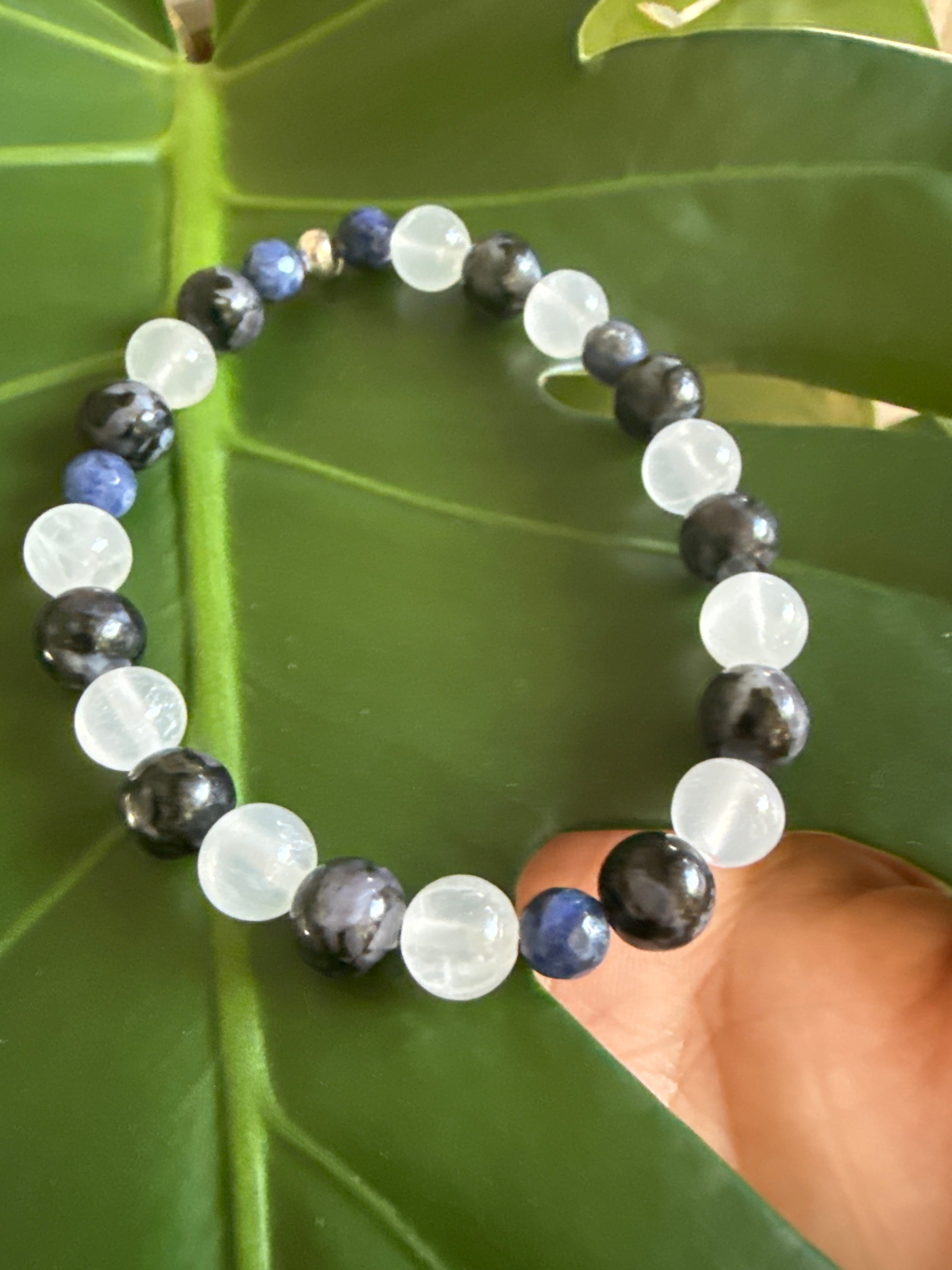 Shadowed Oracle – Indigo Gabbro, Sodalite & Selenite Bracelet 7.5”