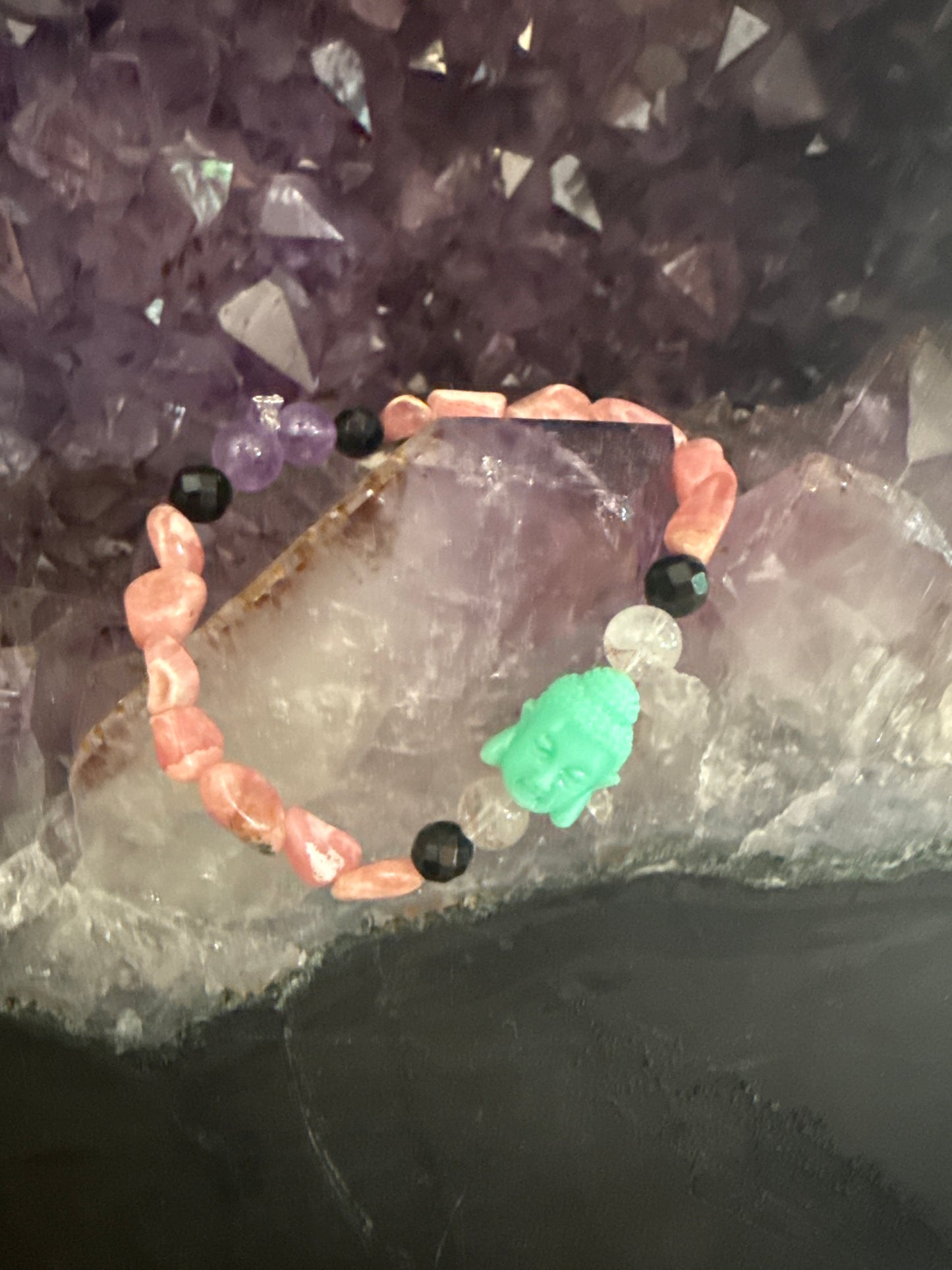 Rhodocrosite, Super 7, Black Tourmaline & Buddha Bracelet – 6.5–7” Dainty 4–6 mm