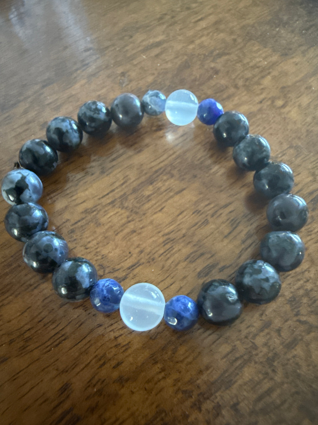 Shadowed Oracle – Indigo Gabbro, Sodalite & Selenite Bracelet 6–6.5”