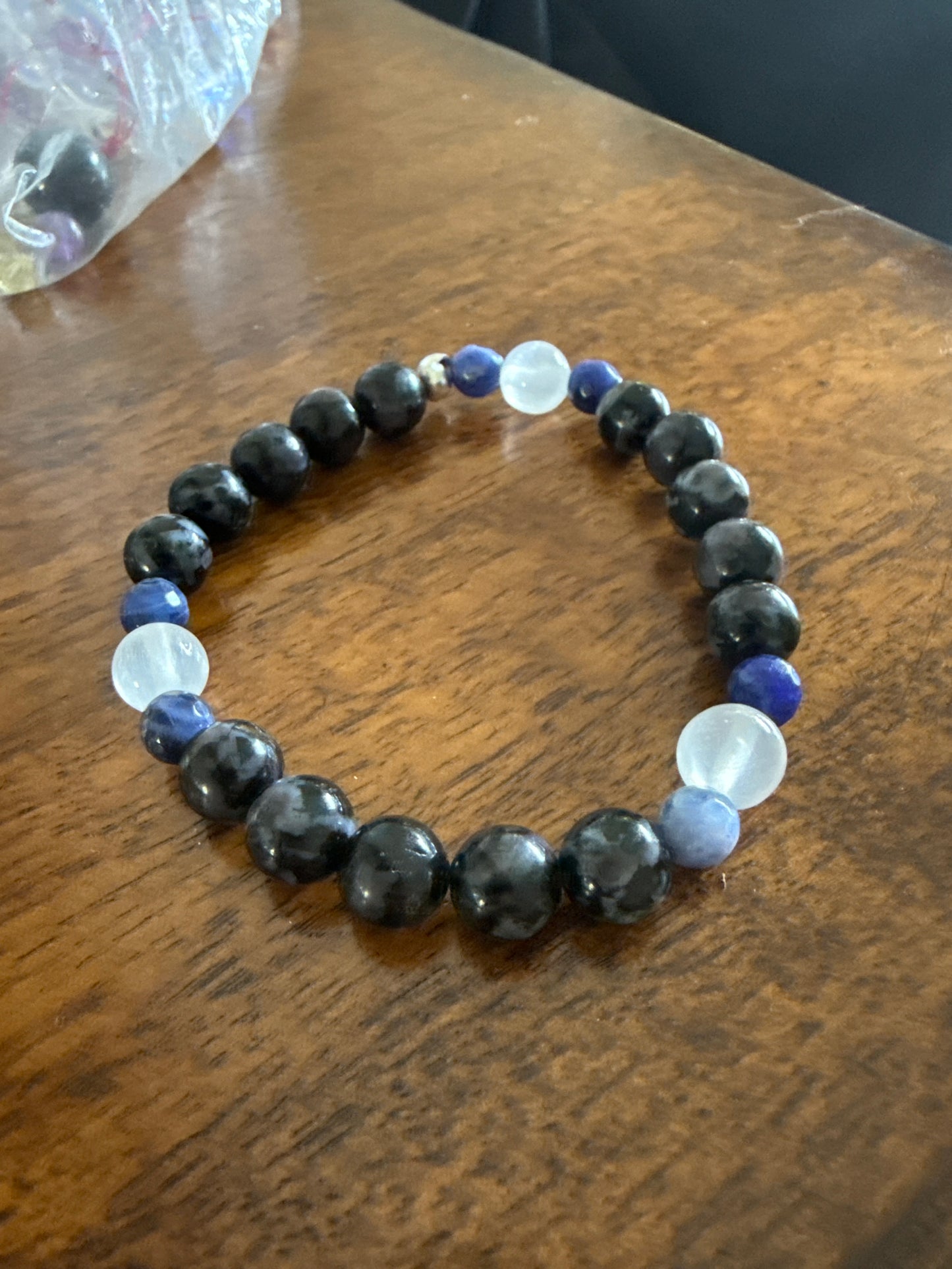 Shadowed Oracle – Indigo Gabbro, Sodalite & Selenite Bracelet 7”