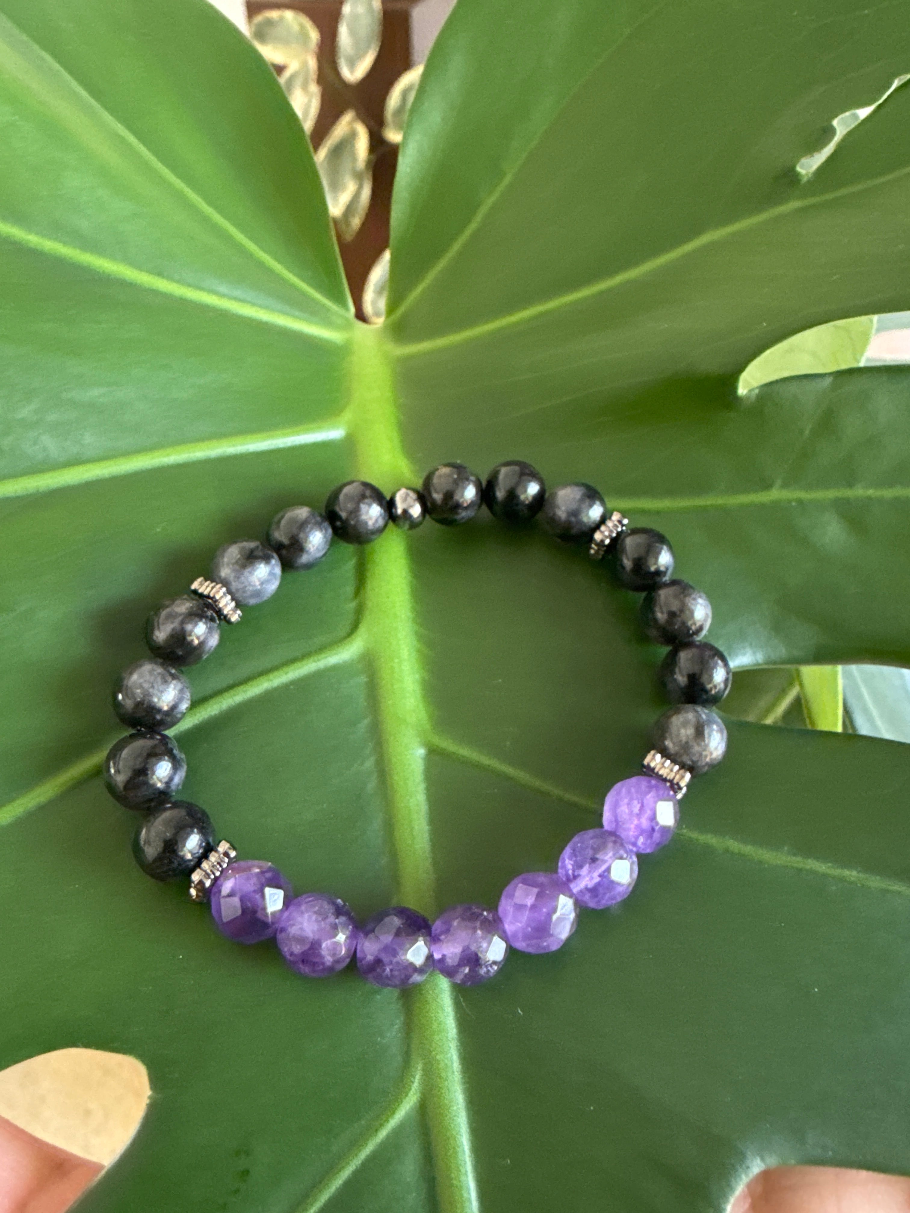 Clarity of Night – Larvikite & Amethyst Bracelet 6.5”