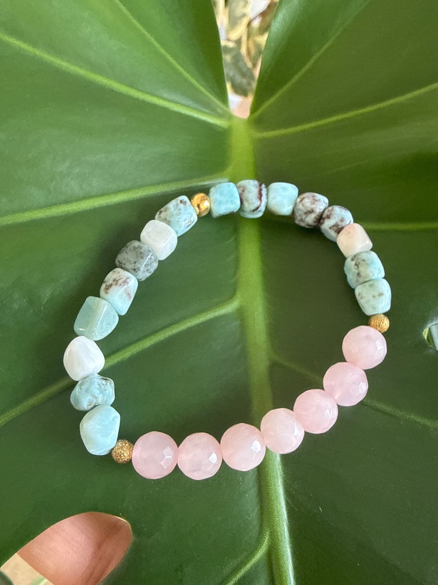 Ocean of Soft Grace – Rose Quartz & Larimar Bracelet (6.5”)