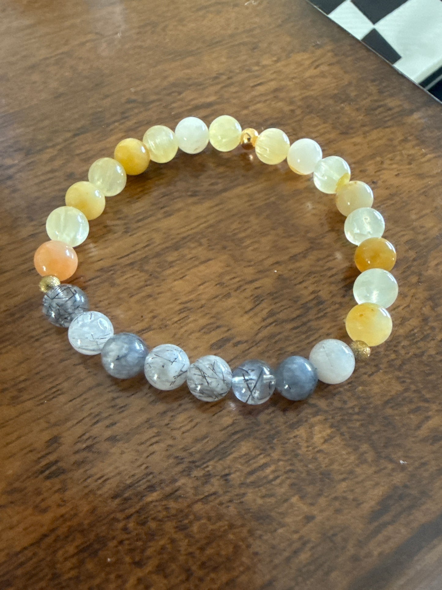 Golden Shield Clarity Bracelet – 8” Yellow Selenite, Yellow Aventurine & Black Tourmaline Rutile