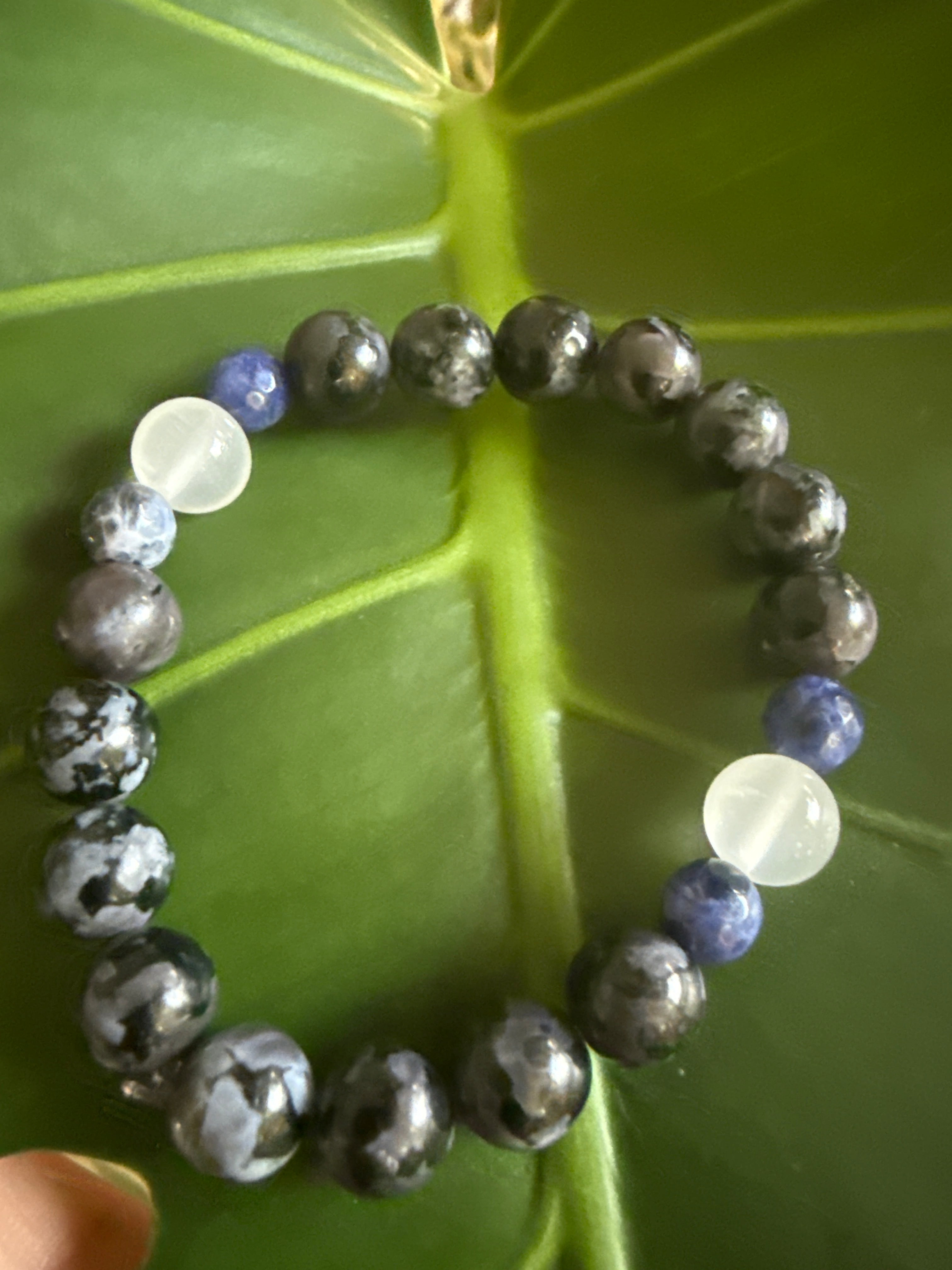 Shadowed Oracle – Indigo Gabbro, Sodalite & Selenite Bracelet 6–6.5”