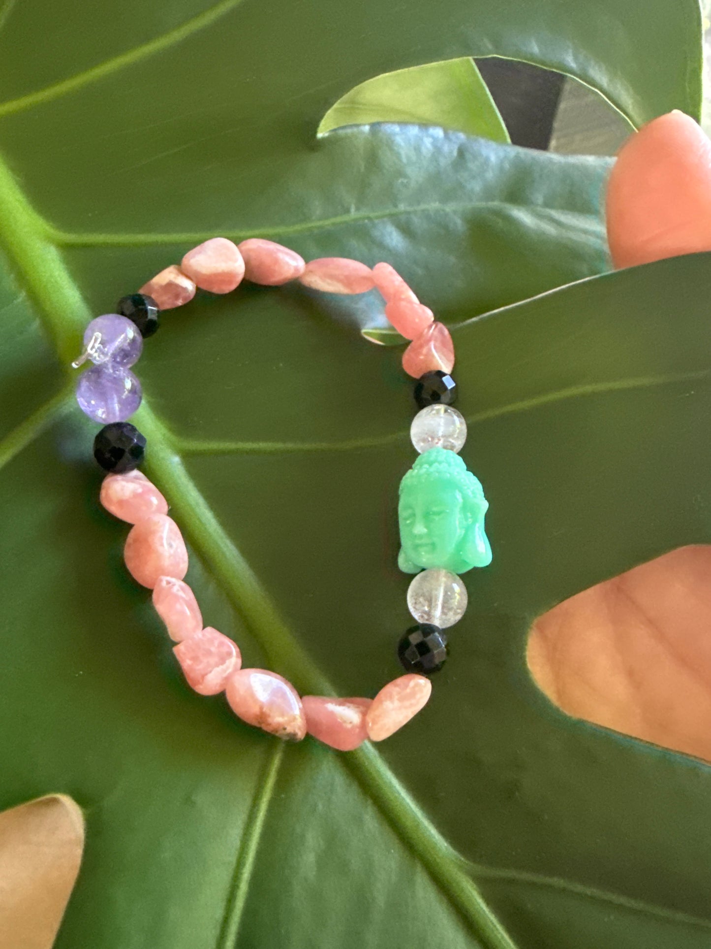Rhodocrosite, Super 7, Black Tourmaline & Buddha Bracelet – 6.5–7” Dainty 4–6 mm