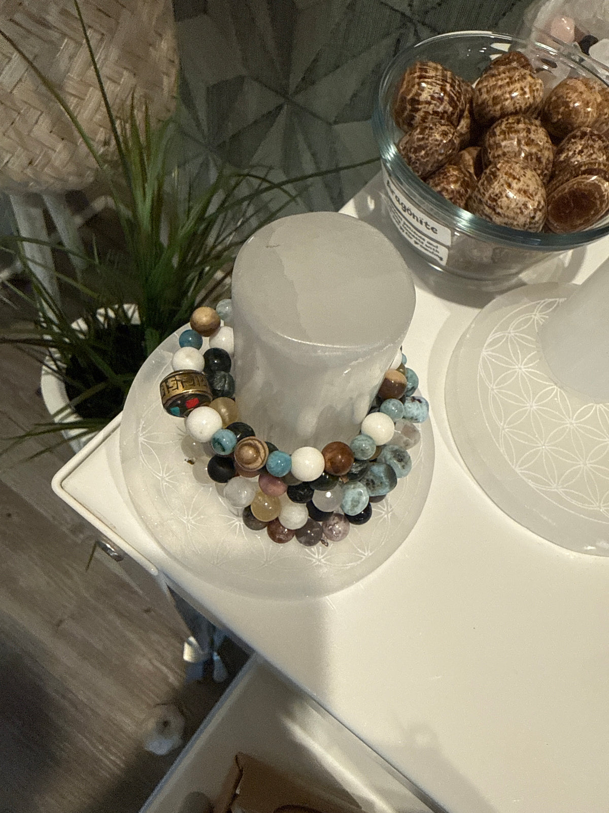 Selenite Round Flower Of Life Bracelet Charging  SET