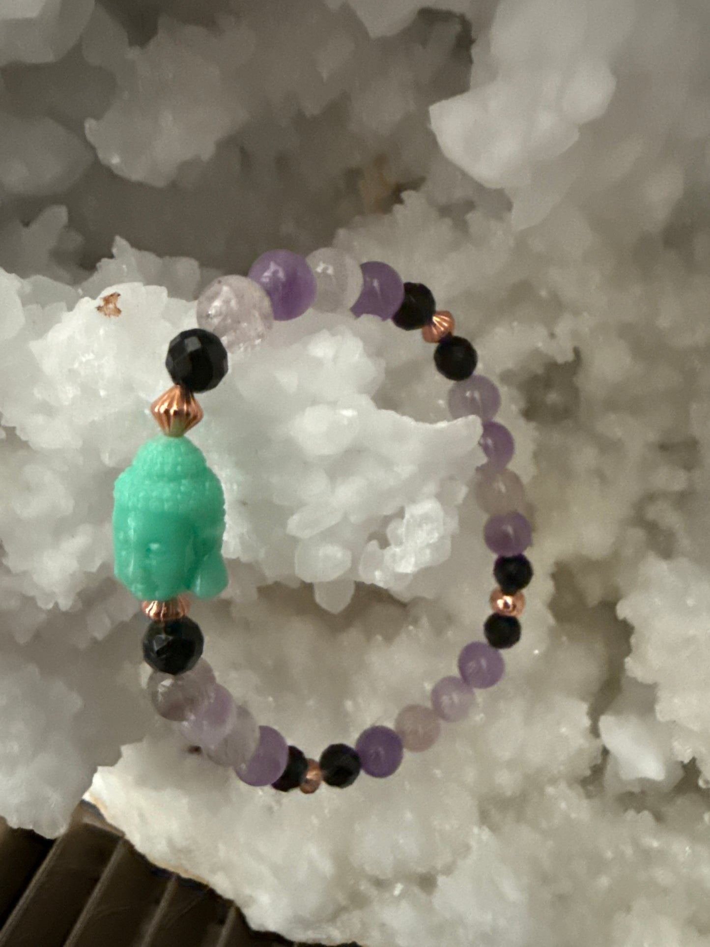 Super 7, Black Tourmaline, Copper & Buddha Protection Bracelet – Size Medium/Large 7.5”