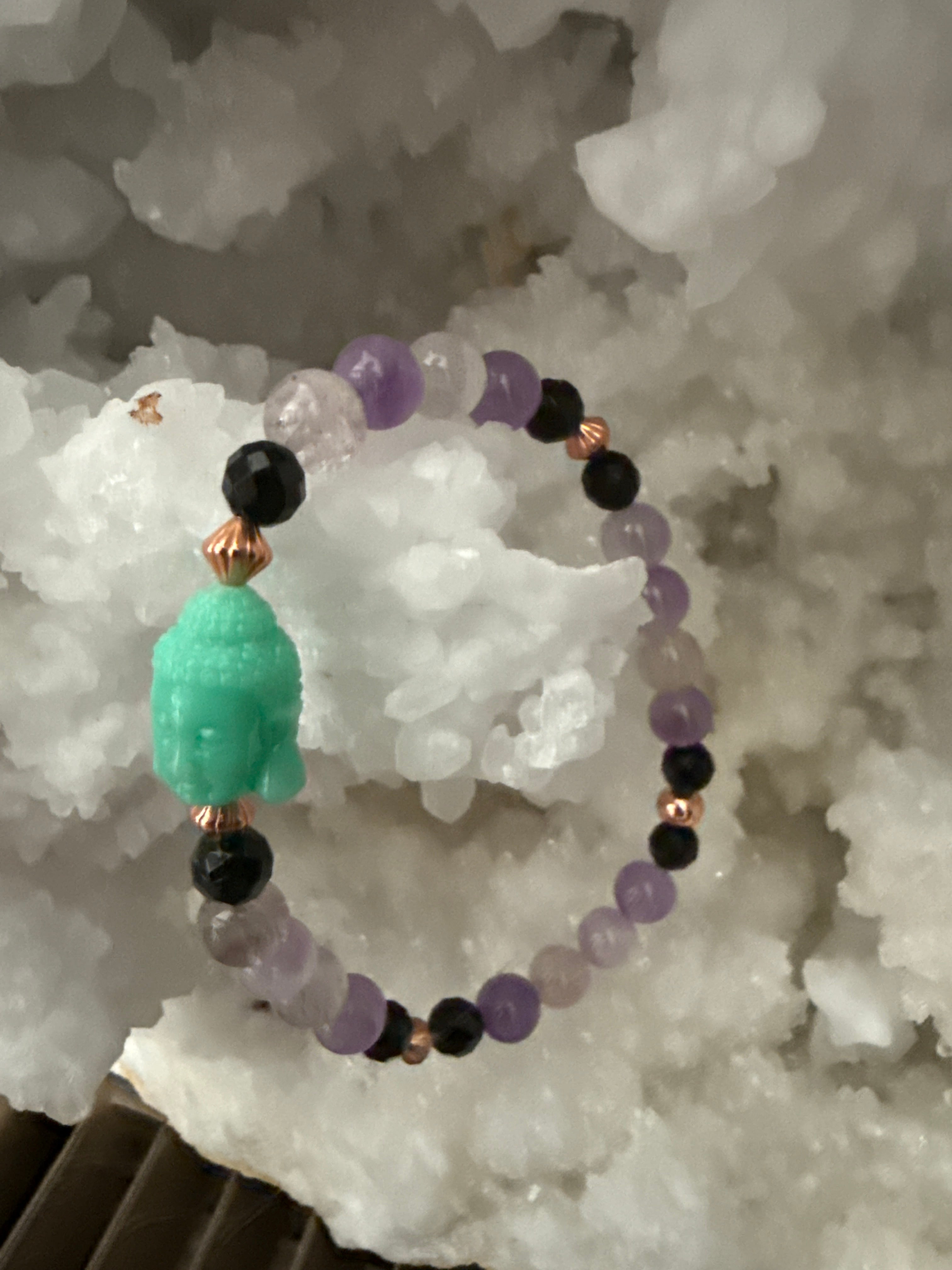 Super 7, Black Tourmaline, Copper & Buddha Protection Bracelet – Size Medium/Large 7.5”
