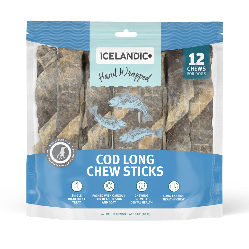 Icelandic+ Hand Wrapped Cod Skin 10" Long Chew Stick 12-Pack