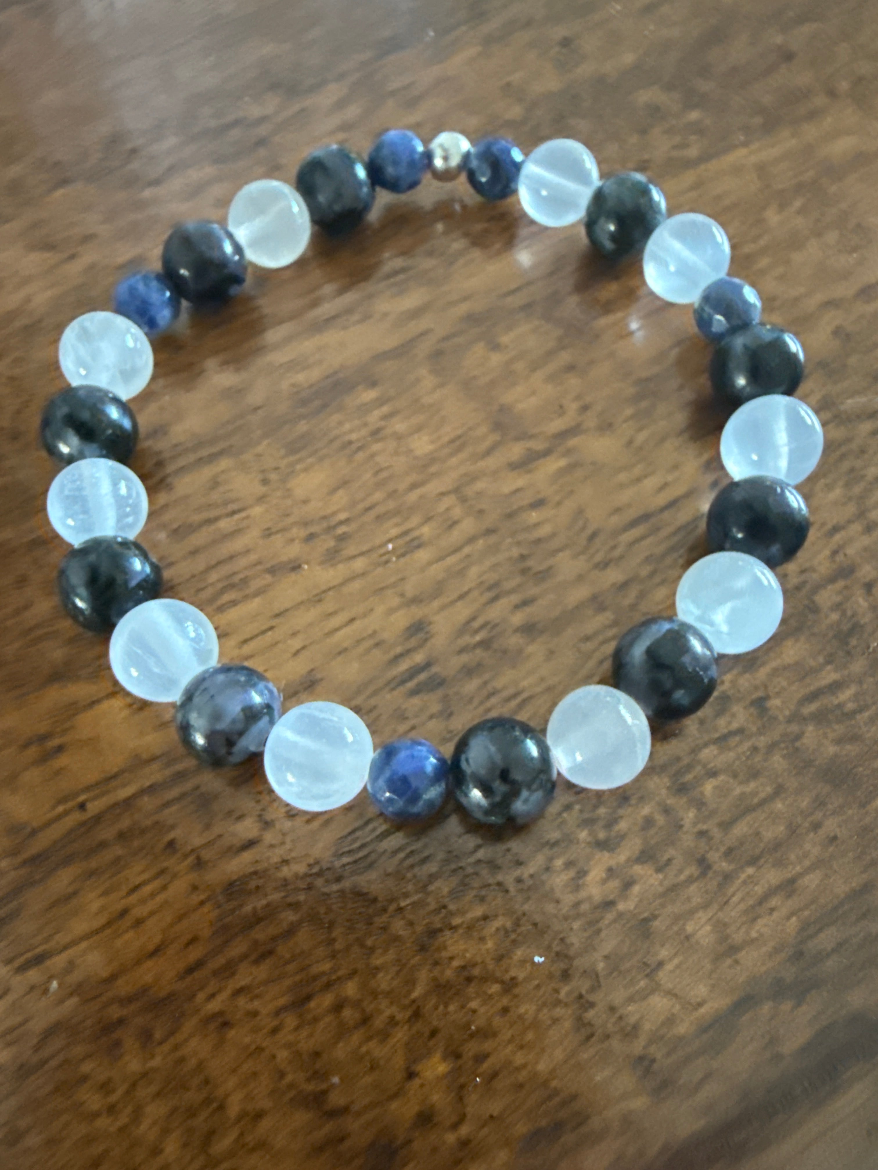 Shadowed Oracle – Indigo Gabbro, Sodalite & Selenite Bracelet 7.5”