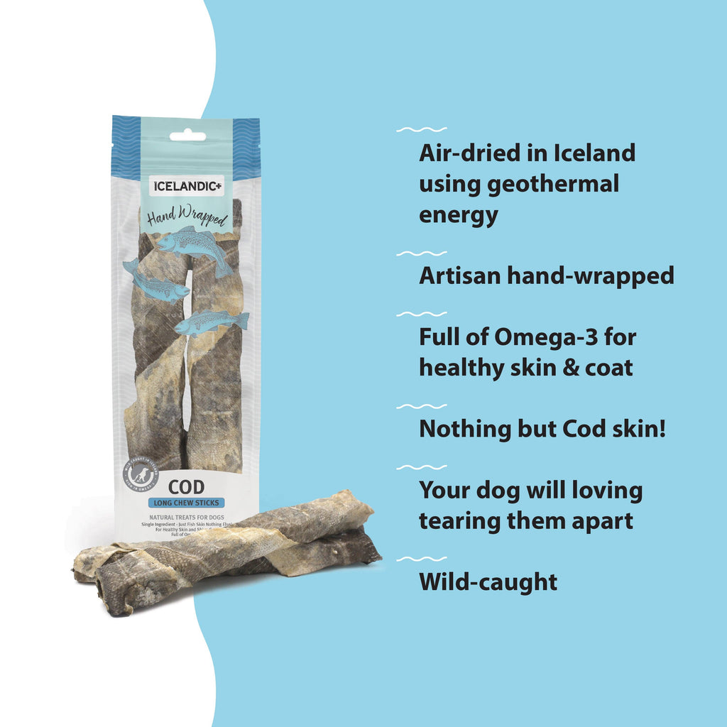 Icelandic+ Hand Wrapped Cod Skin 10" Long Chew Stick 12-Pack