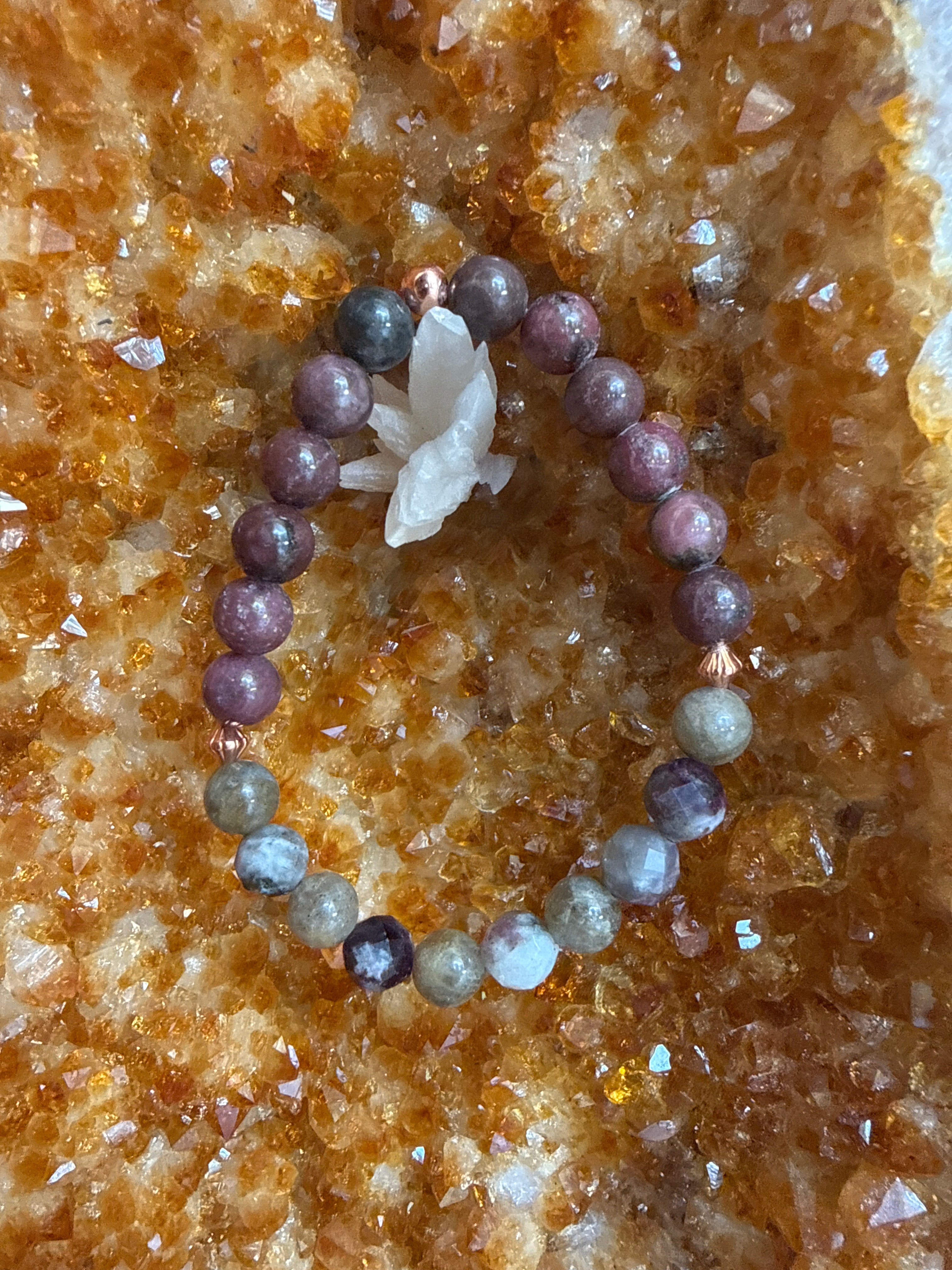 Heart Path Alchemy – Rhodonite, Eudialyte, Labradorite & Copper Bracelet 7”