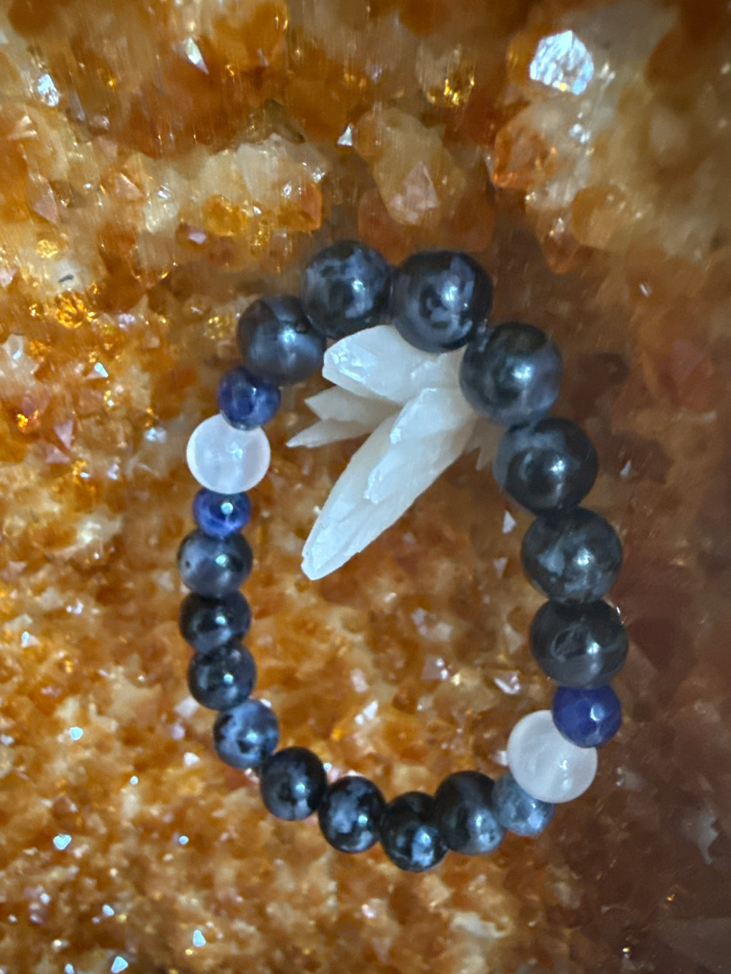 Shadowed Oracle – Indigo Gabbro, Sodalite & Selenite Bracelet 6–6.5”