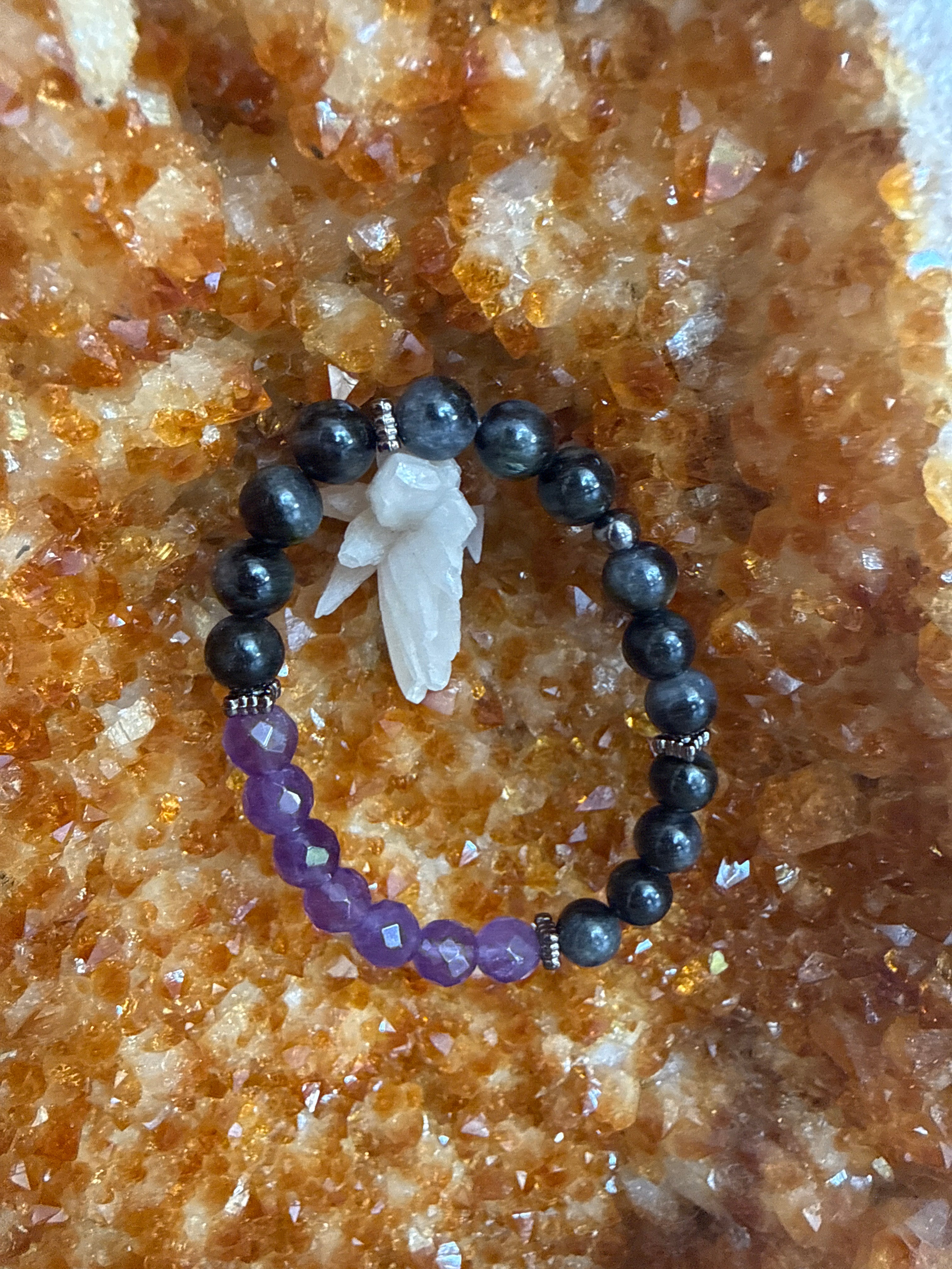 Clarity of Night – Larvikite & Amethyst Bracelet 6.5”