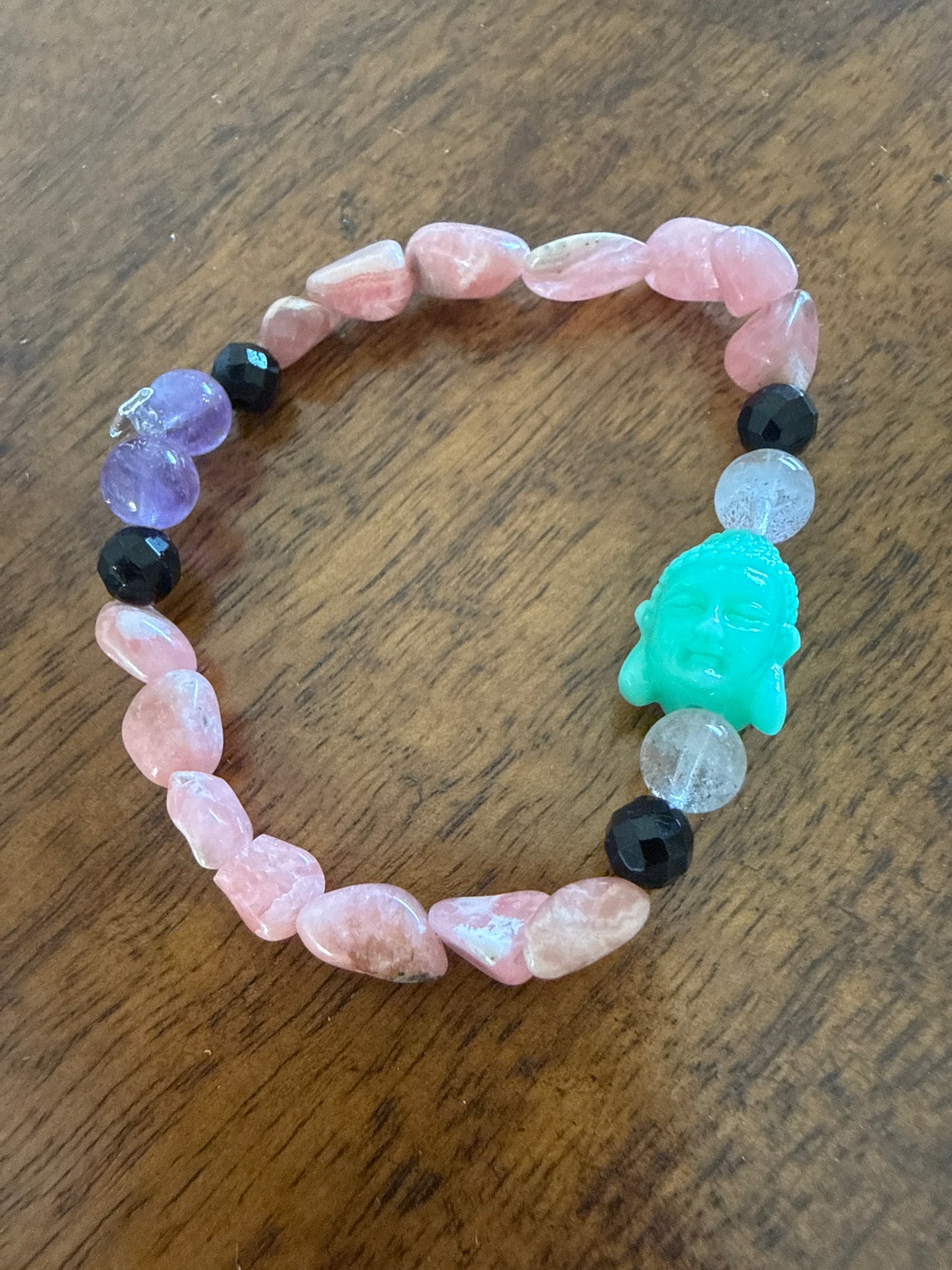 Rhodocrosite, Super 7, Black Tourmaline & Buddha Bracelet – 6.5–7” Dainty 4–6 mm