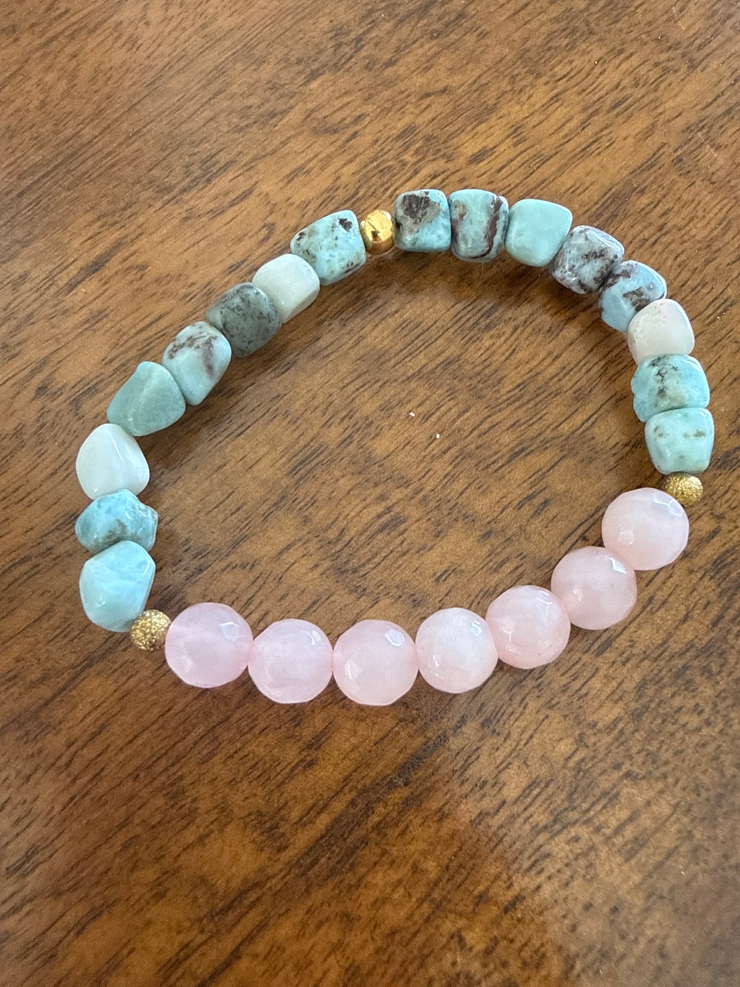 Ocean of Soft Grace – Rose Quartz & Larimar Bracelet (6.5”)