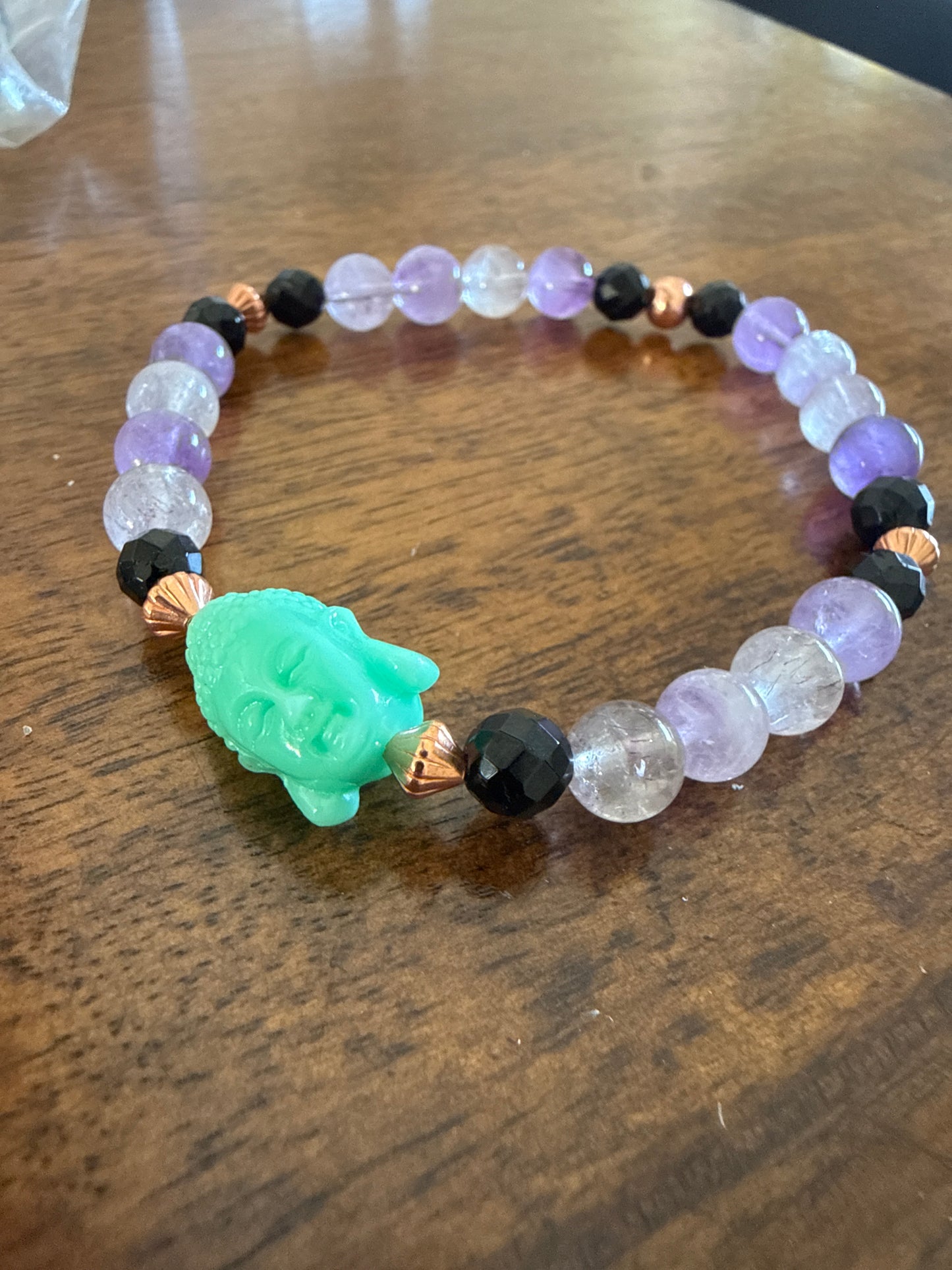 Super 7, Black Tourmaline, Copper & Buddha Protection Bracelet – Size Medium/Large 7.5”