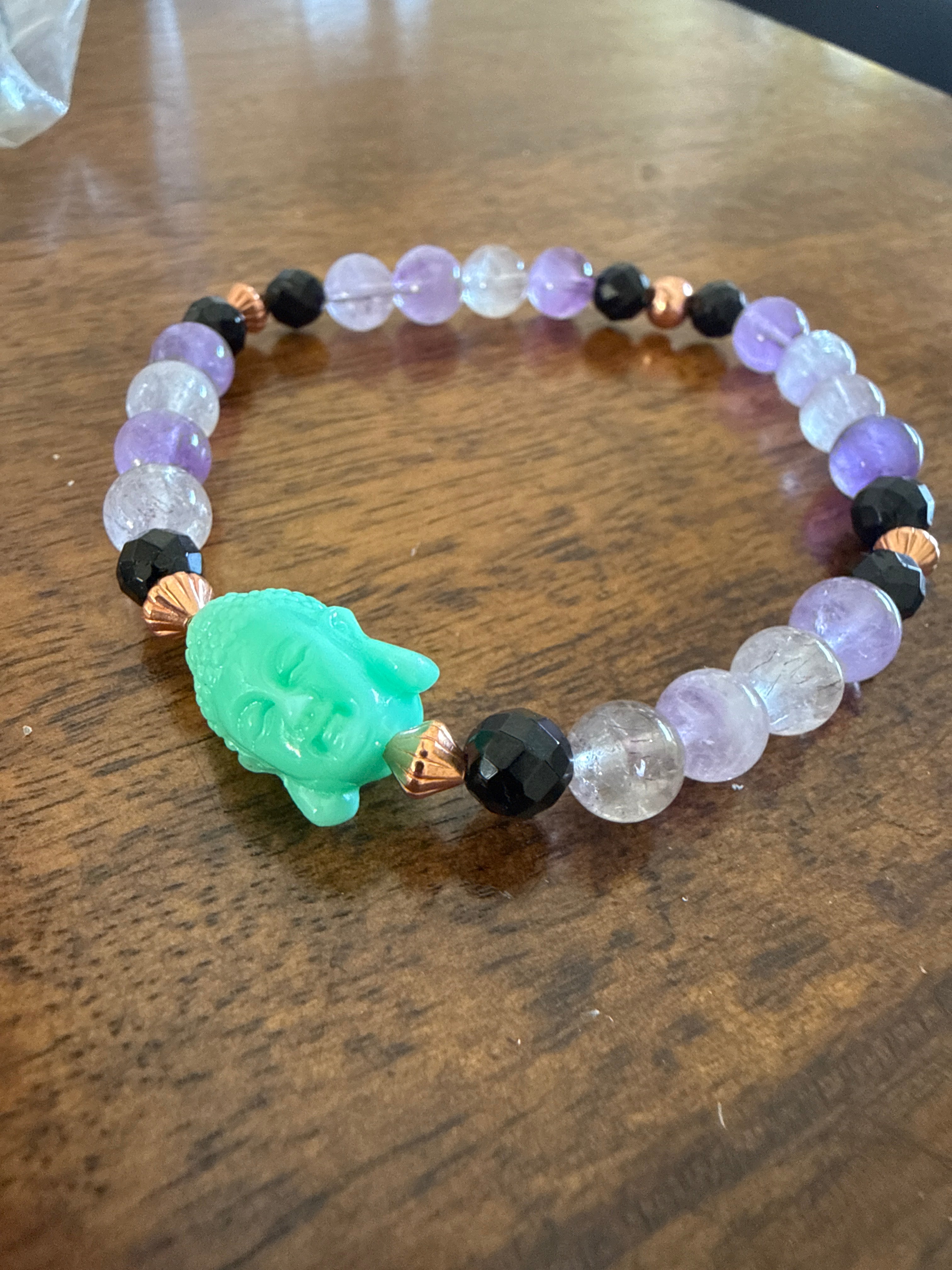 Super 7, Black Tourmaline, Copper & Buddha Protection Bracelet – Size Medium/Large 7.5”