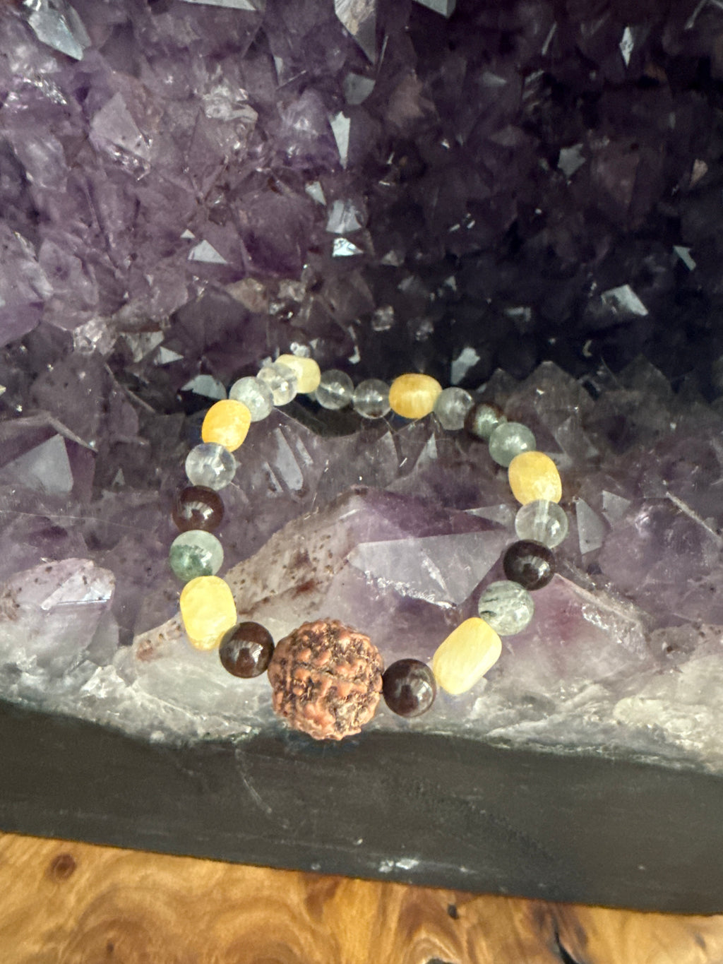 Rudraksha seed with warm honey sacred calcite and mystical lodolite 8 inch