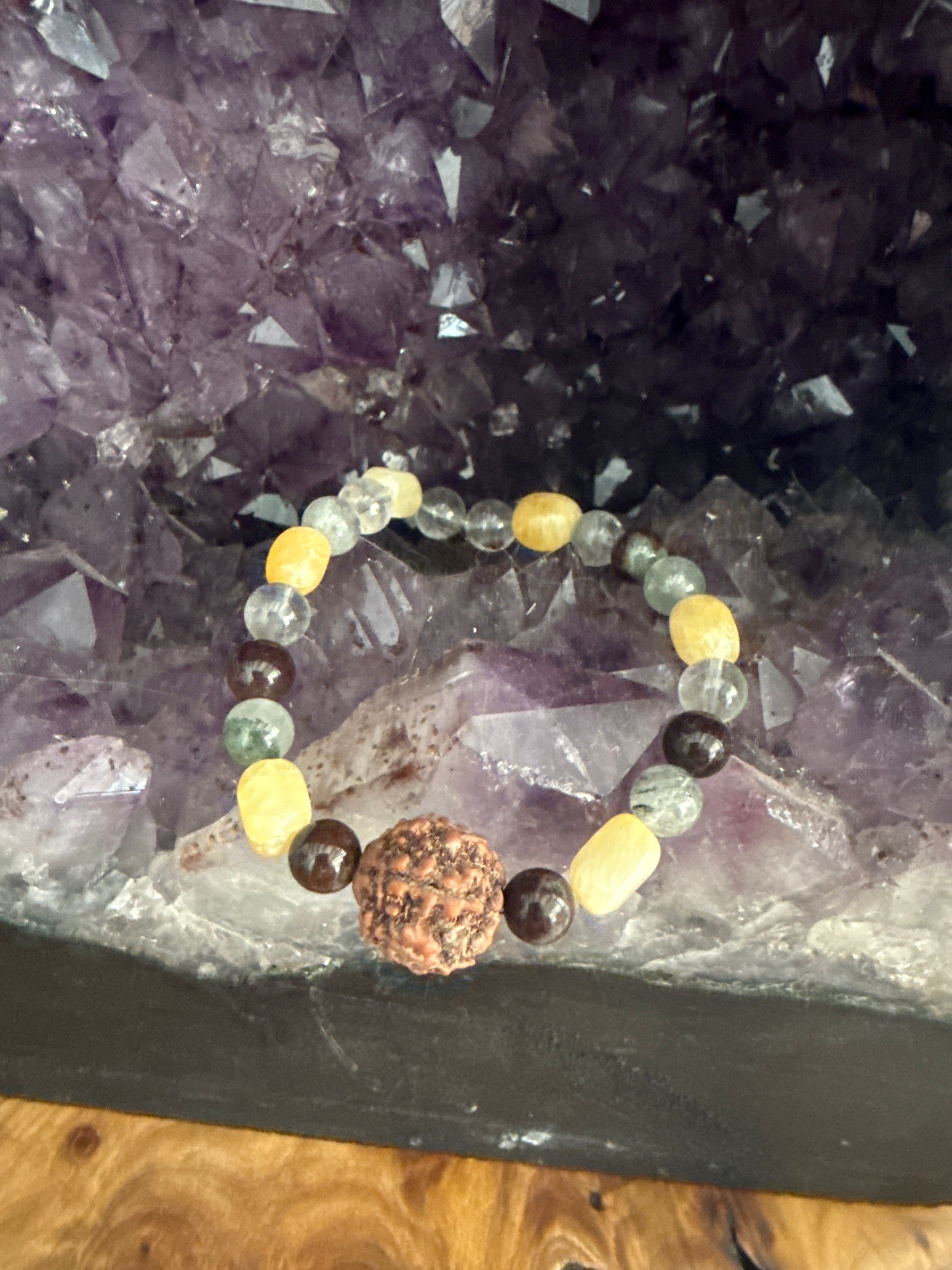 Rudraksha seed with warm honey sacred calcite and mystical lodolite 8 inch