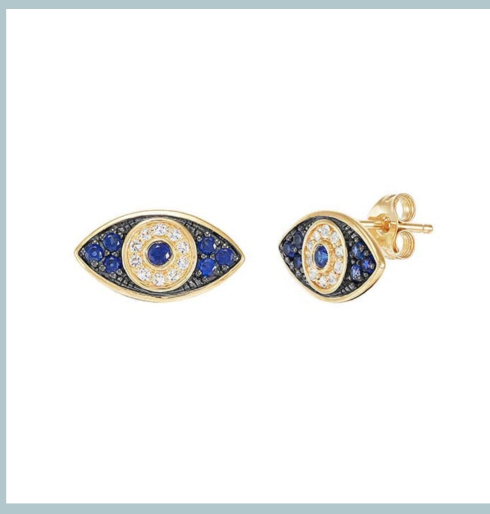 10K Yellow Gold Lab-Grown Sapphire-Set Evil Eye Post Earrings